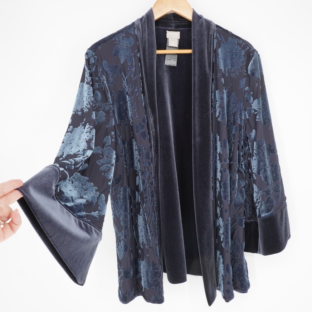 Chicos Velvet Burnout Boho Open Kimono Cardigan Sz 2 M Blue Lined Whimsigoth